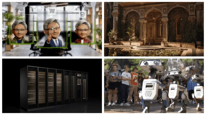 Four-image grid illustrating AI agents, robotics, data center infrastructure, and simulated environments.