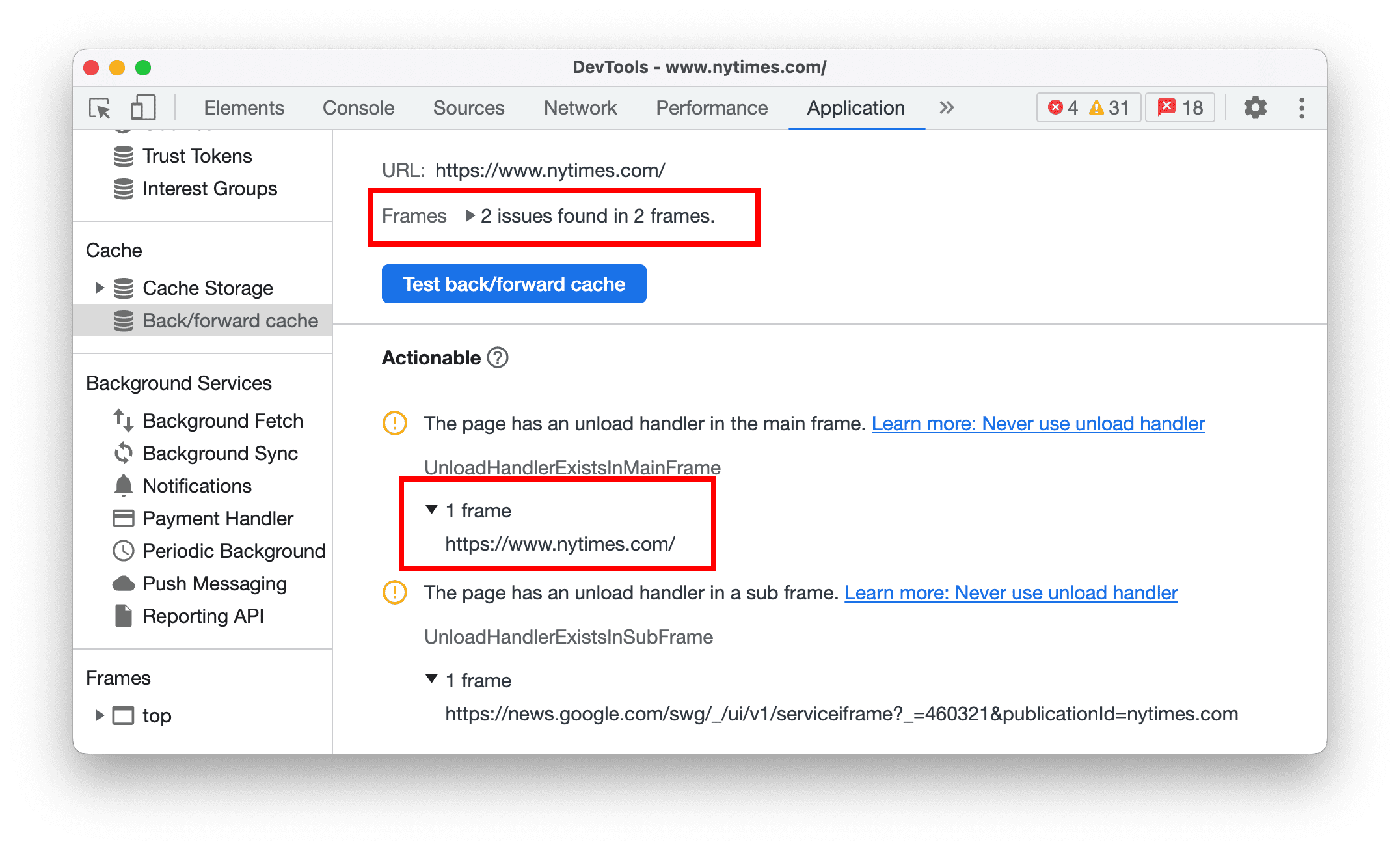Identificar frames de bloqueio no painel "Cache de avanço e retorno"