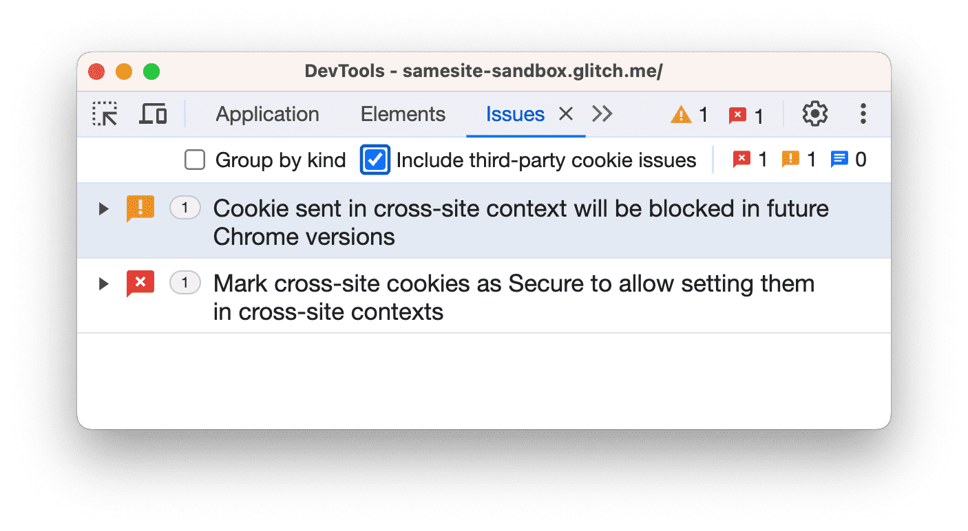 [Issues] タブに報告されたサードパーティ Cookie の問題。