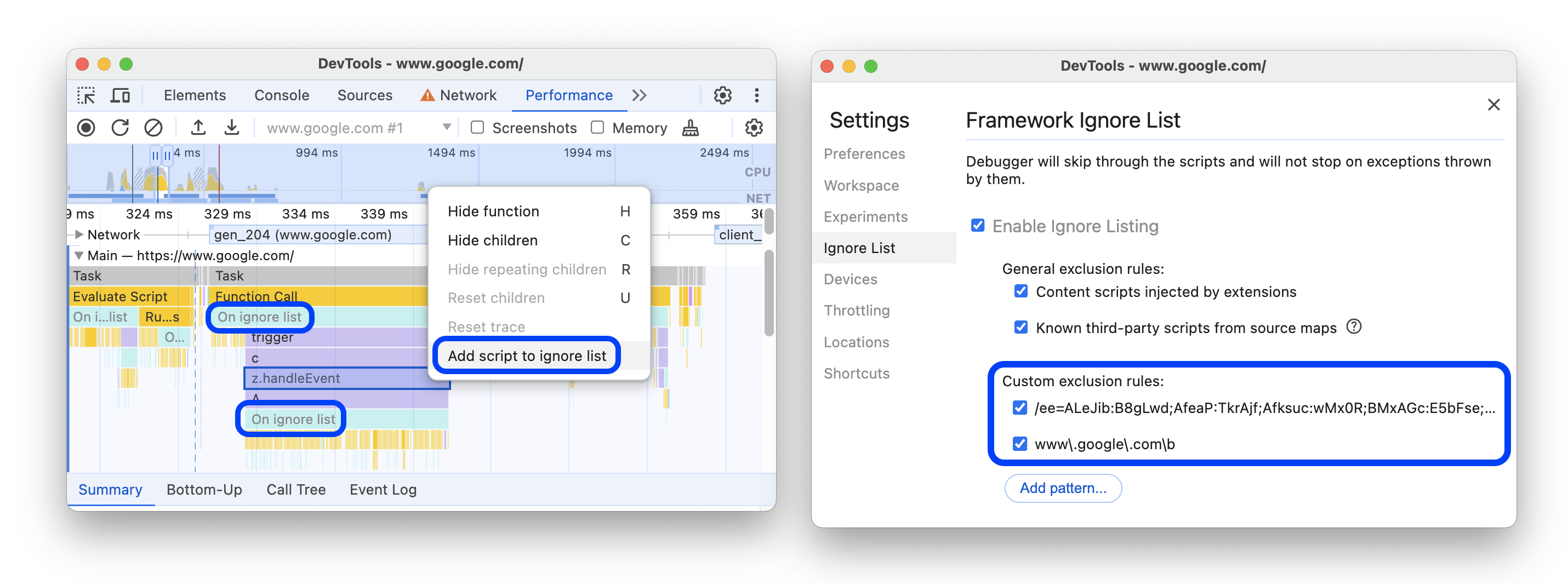 無視リストにスクリプトを追加するメニュー オプション、無視としてマークされたスクリプト、設定内の対応するルール。