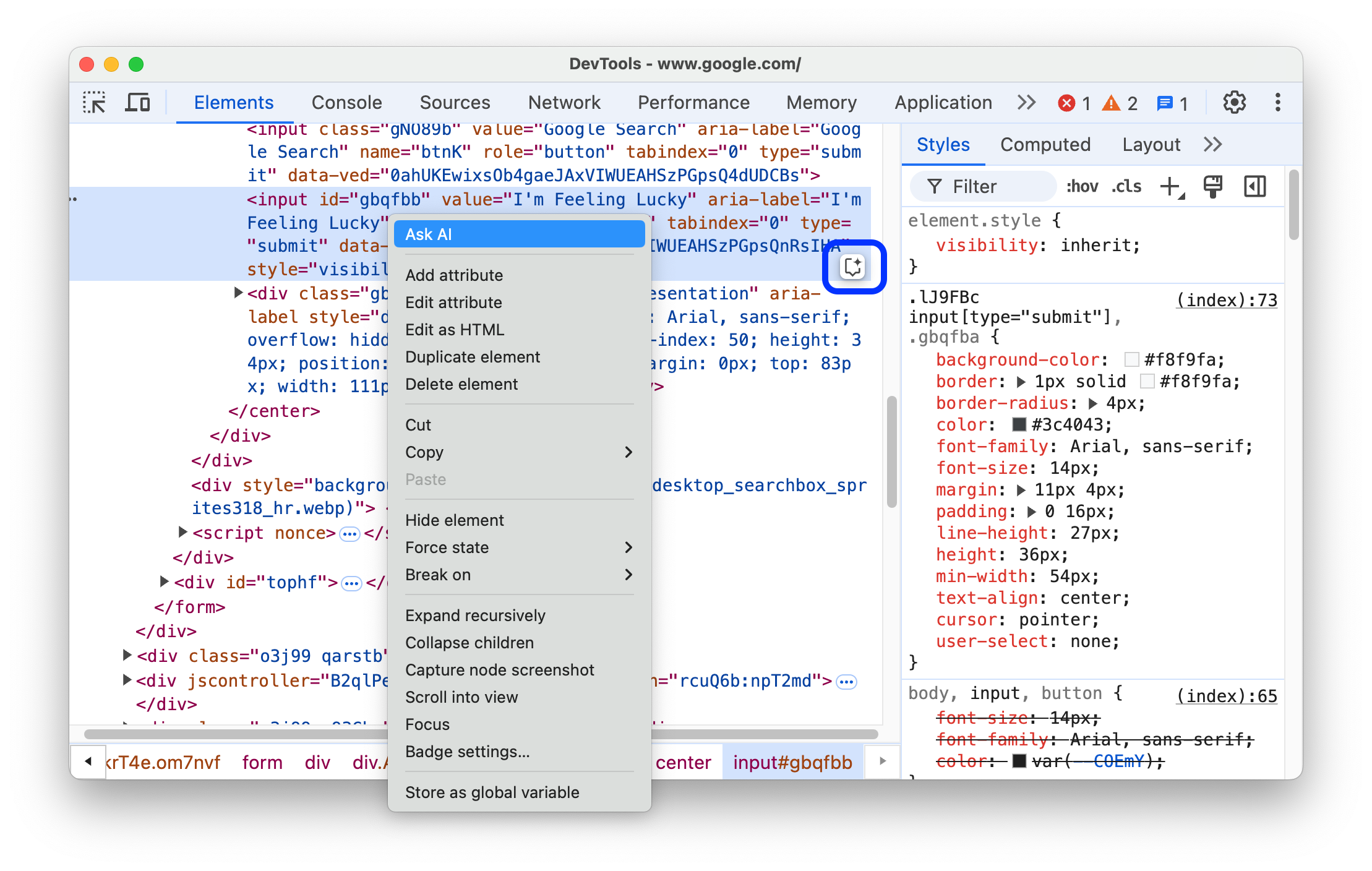 Opcja „Zadaj pytanie AI” w menu i odpowiedni przycisk.