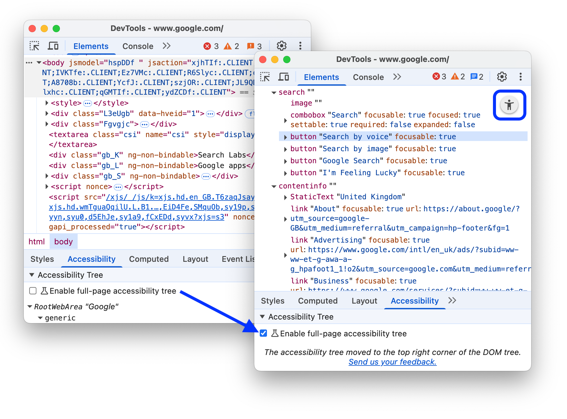 ডিফল্টরূপে পূর্ণ-পৃষ্ঠা অ্যাক্সেসিবিলিটি ট্রি ভিউ চালু করার আগে এবং পরে।