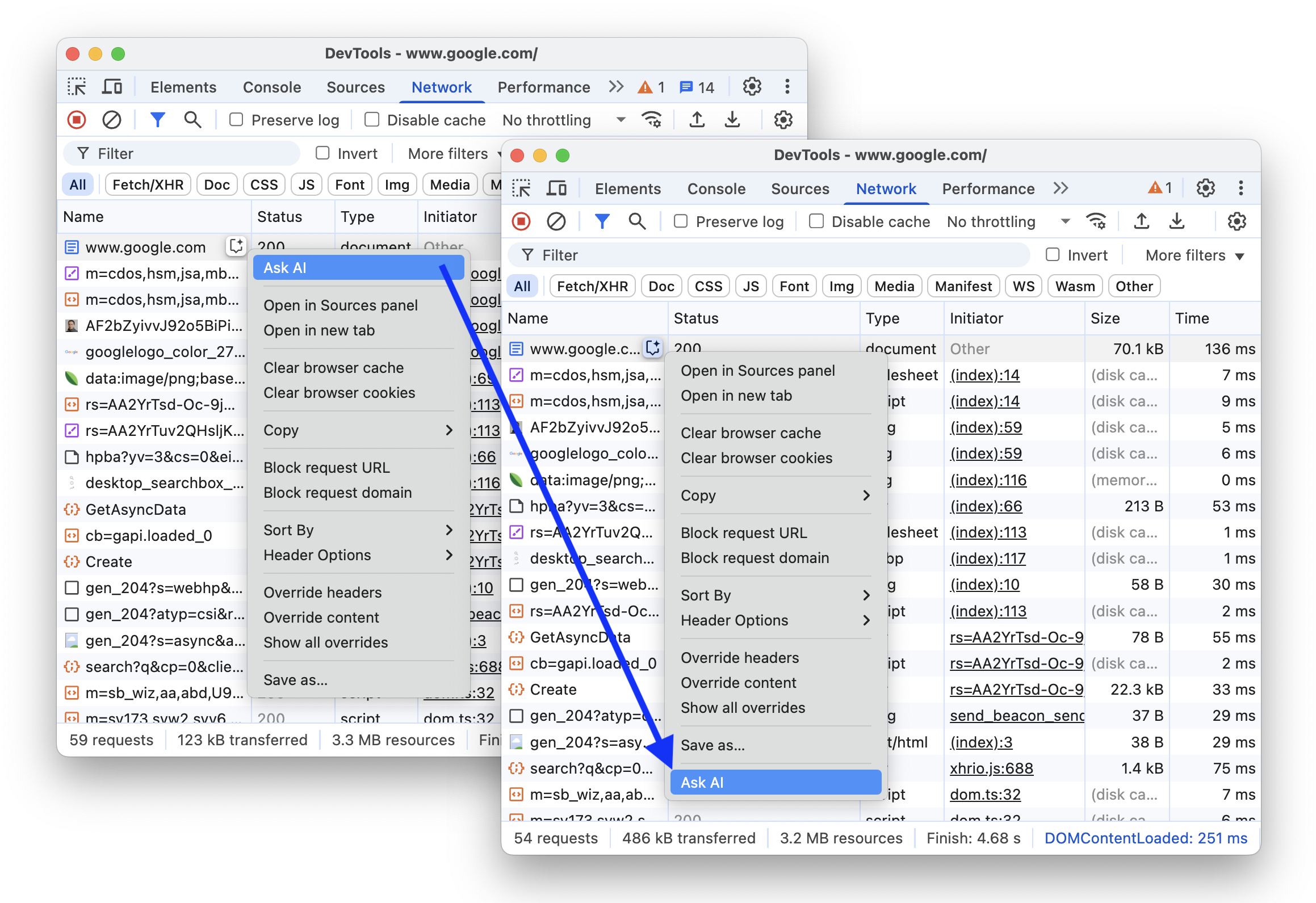 'Ask AI' বিকল্পটি ড্রপ-ডাউন মেনুর নীচে সরানোর আগে এবং পরে।