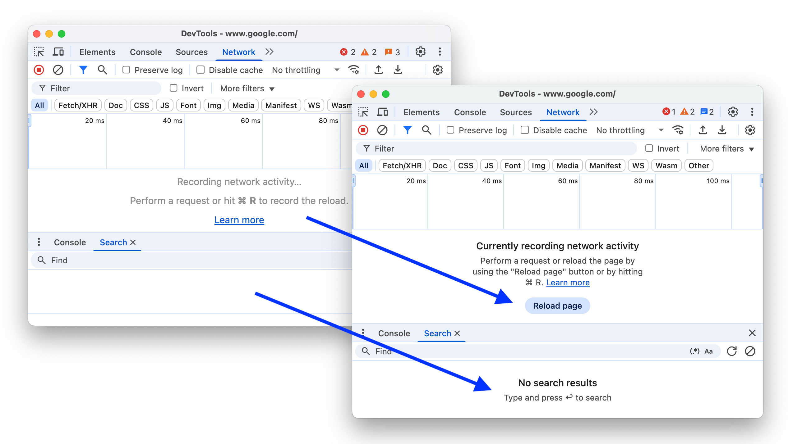 নেটওয়ার্ক এবং অনুসন্ধান প্যানেলে খালি অবস্থা উন্নত করার আগে এবং পরে।