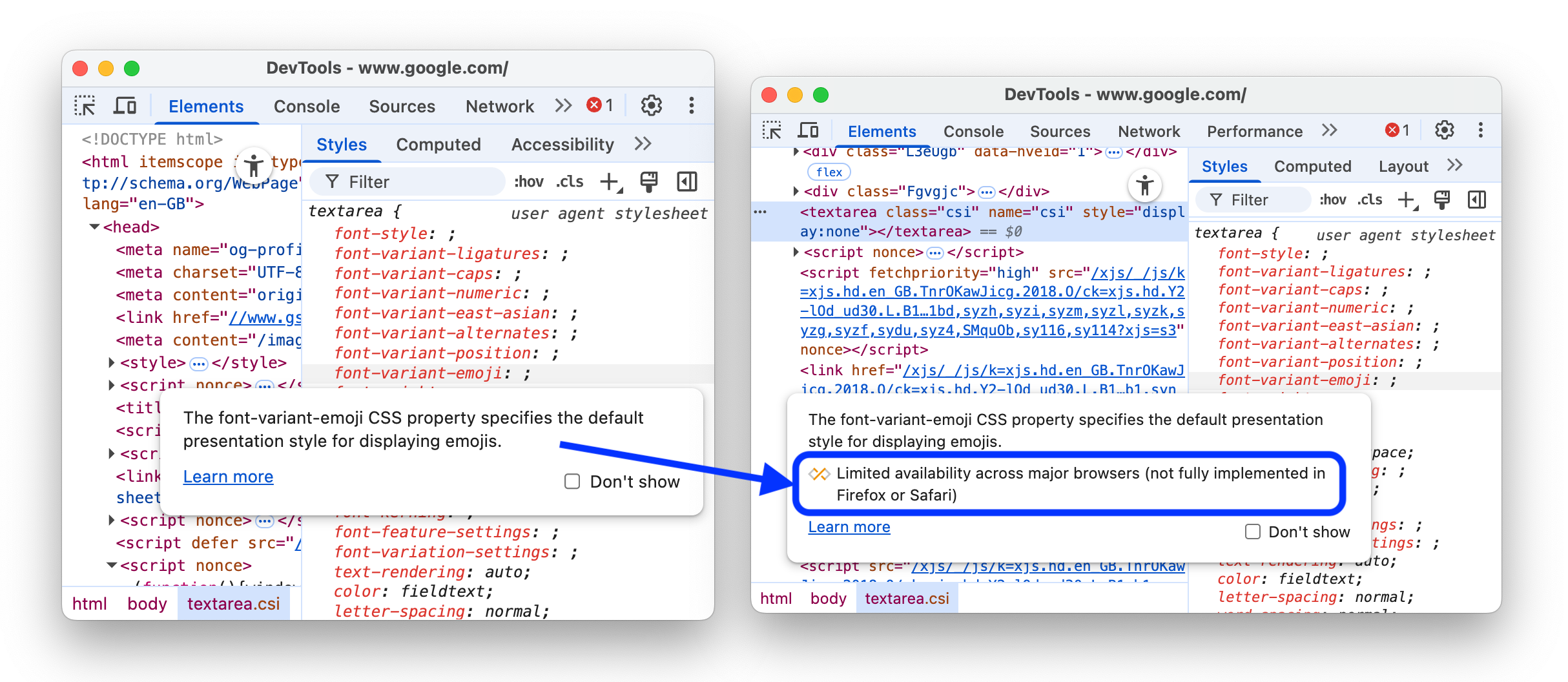 Prima e dopo l'aggiunta dello stato Baseline ai suggerimenti delle proprietà CSS.