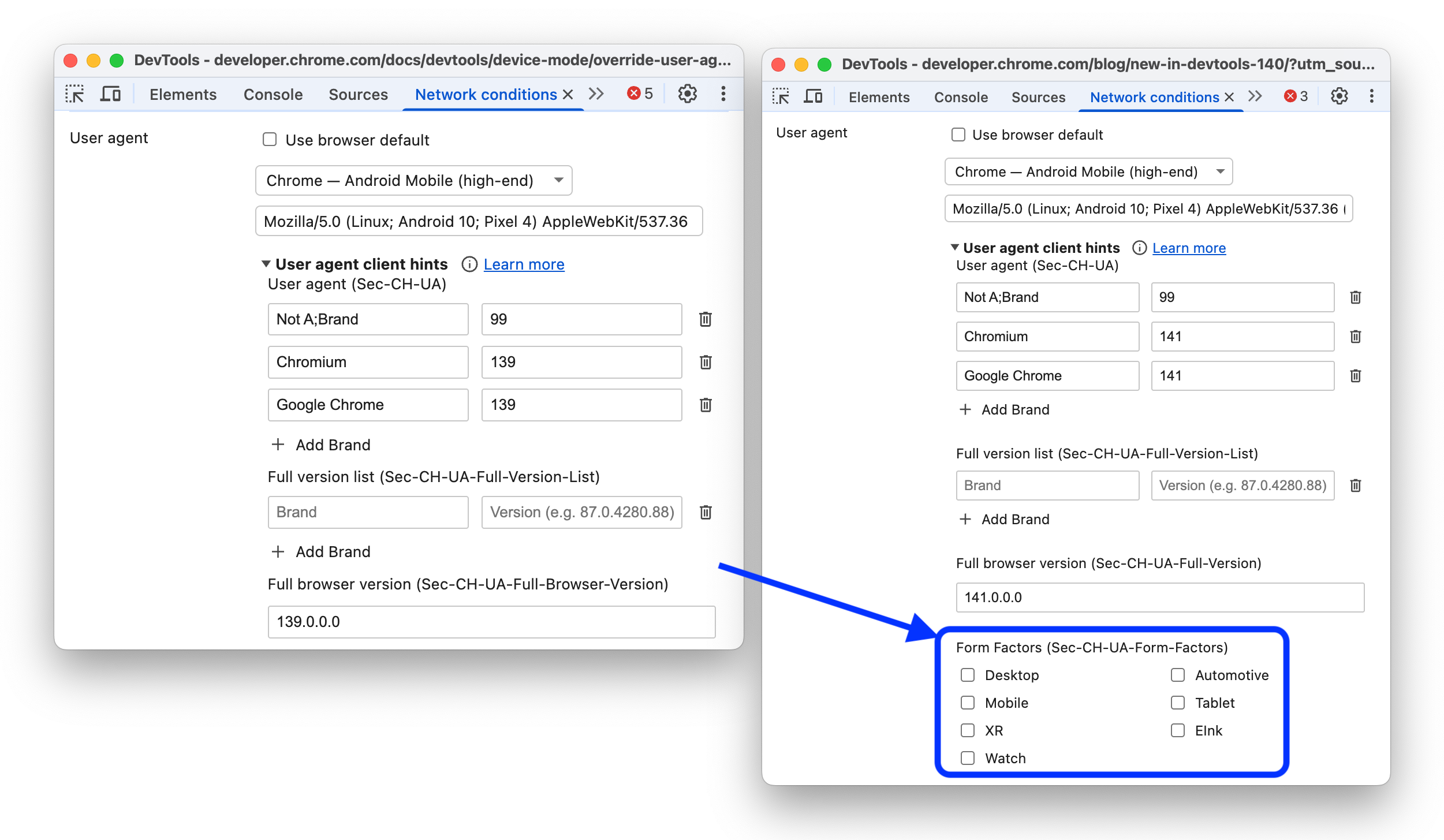 Prima e dopo l'aggiunta delle opzioni per l'override del fattore di forma agli hint client User-Agent.