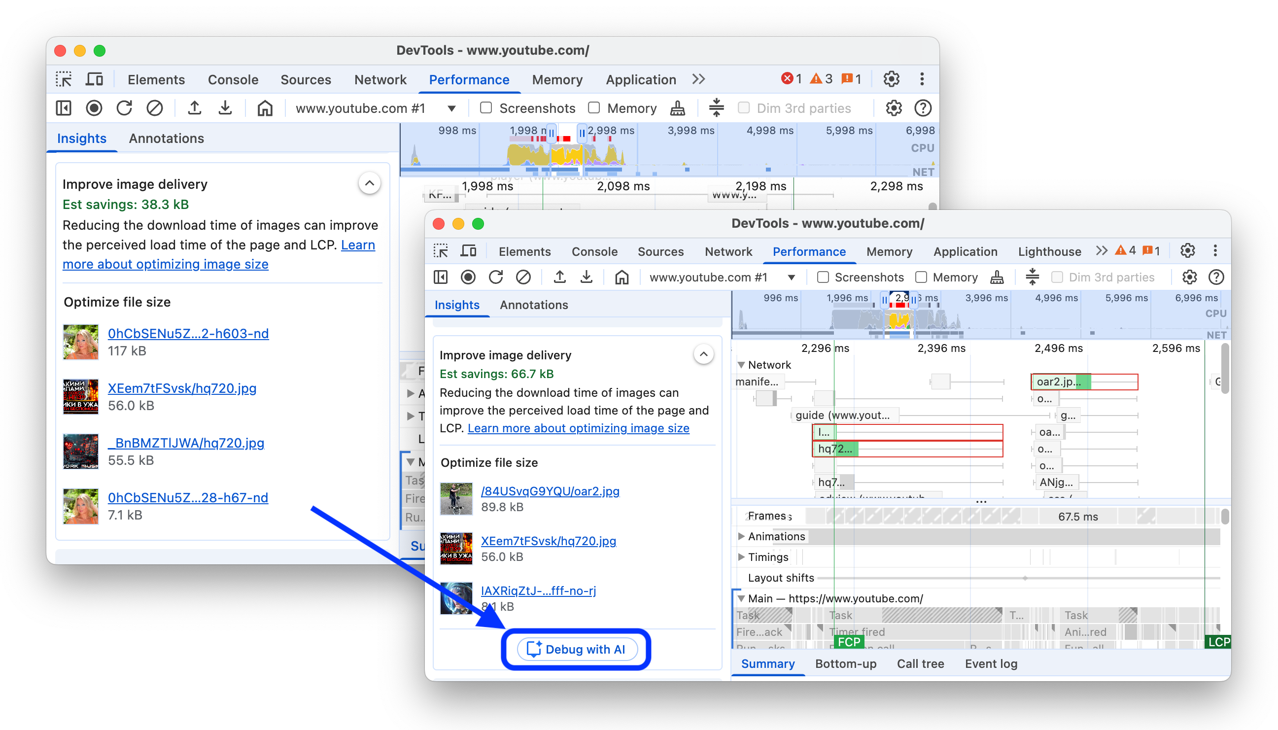Prima e dopo l'aggiunta del pulsante "Esegui il debug con l'AI" per ottenere ulteriori approfondimenti sul rendimento.