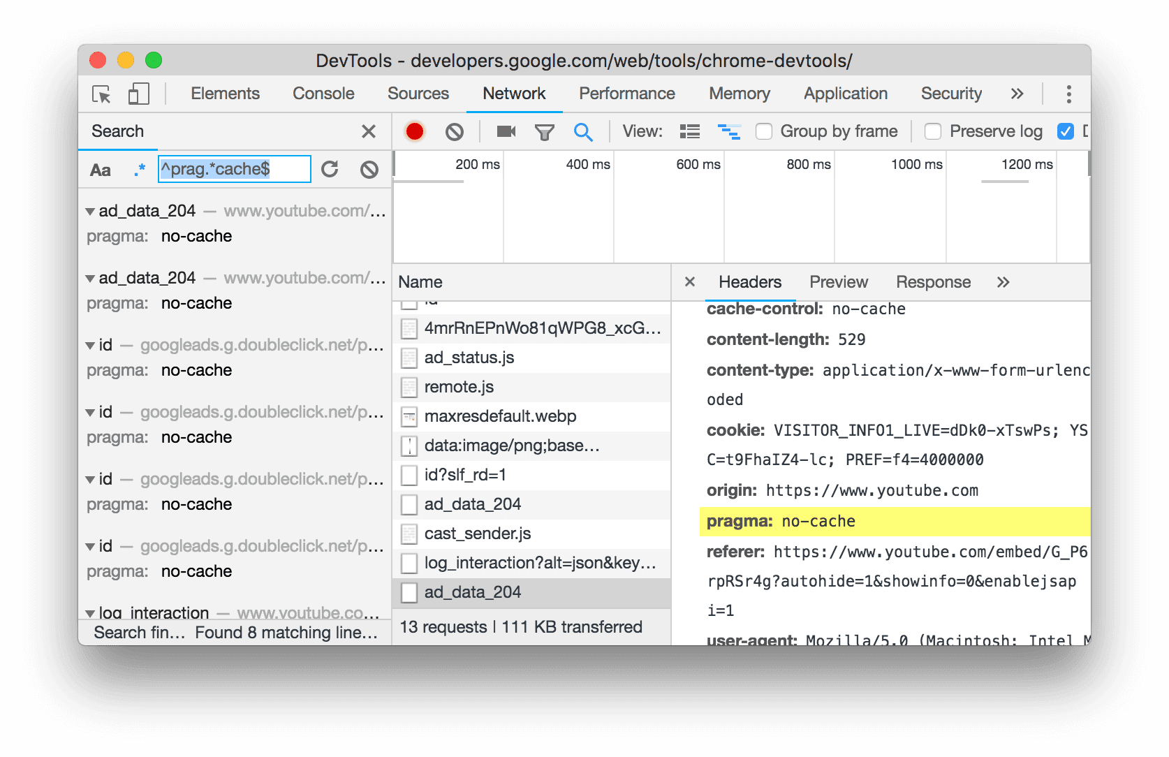 নেটওয়ার্ক অনুসন্ধান ফলকে একটি নিয়মিত অভিব্যক্তি কোয়েরি।
