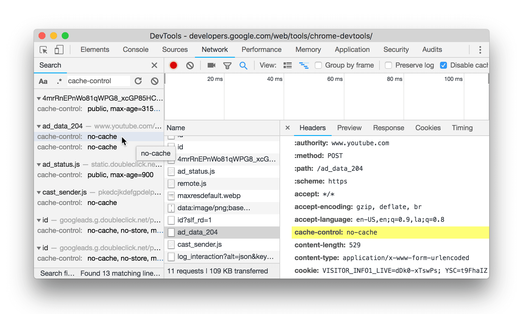 Im neuen Bereich „Netzwerksuche“ nach dem Text „cache-control“ suchen