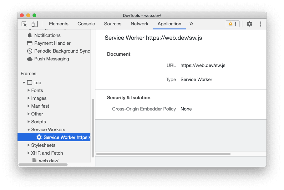 頁框詳細資料檢視畫面中的 Service Worker 資訊