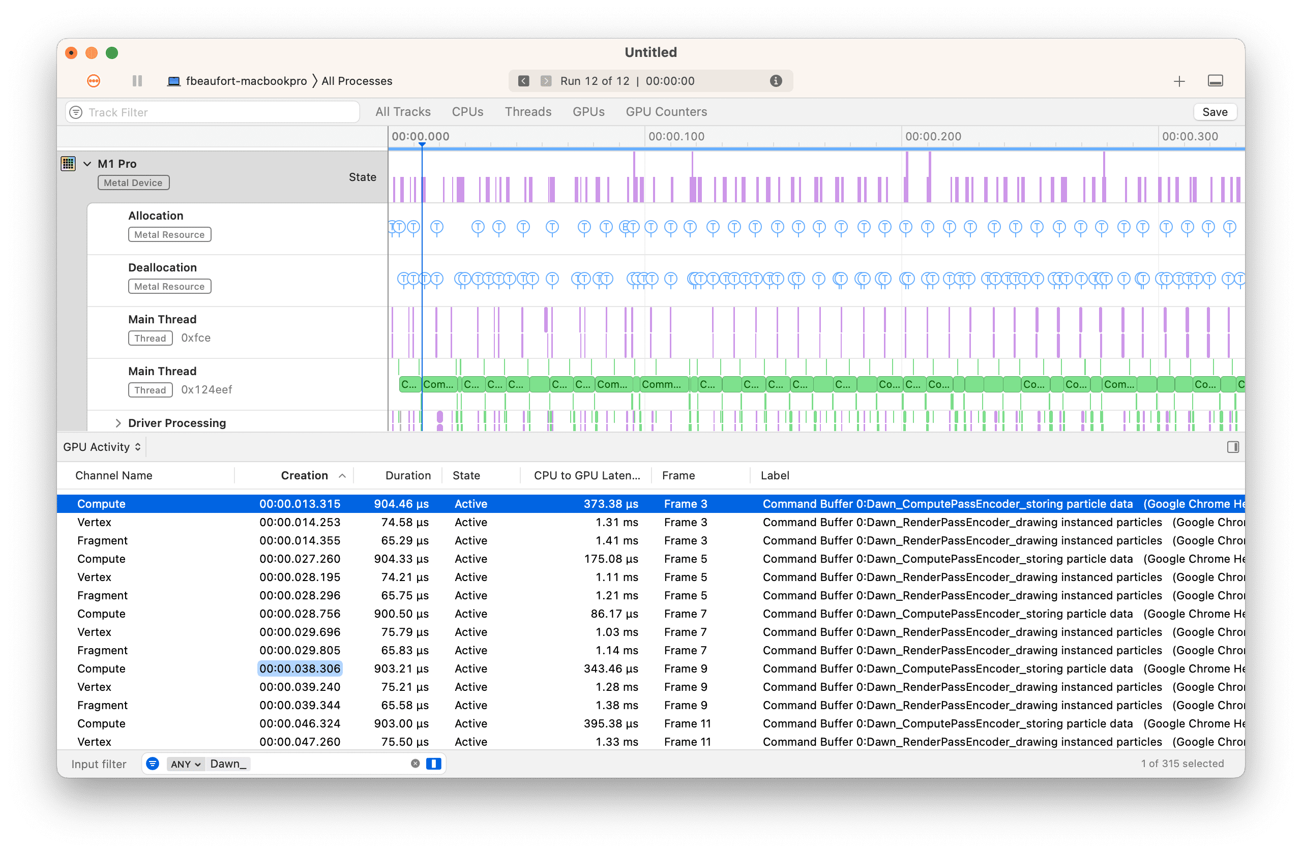 Capture d'écran de l'application Instruments sur macOS avec des libellés personnalisés provenant de WebGPU.