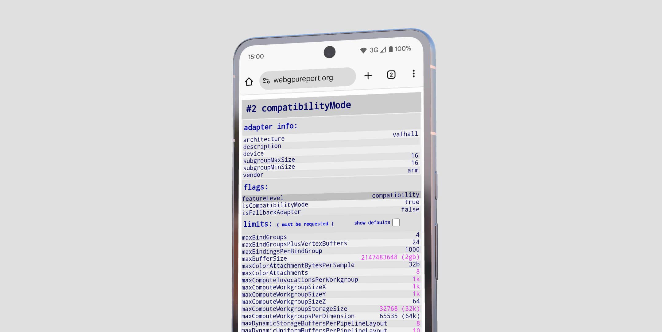WebGPU रिपोर्ट पेज पर, Android डिवाइस पर कंपैटबिलिटी मोड में GPUAdapter दिख रहा है.