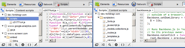 Ejemplo de las Herramientas para desarrolladores de WebKit con mapas de origen activados y desactivados.
