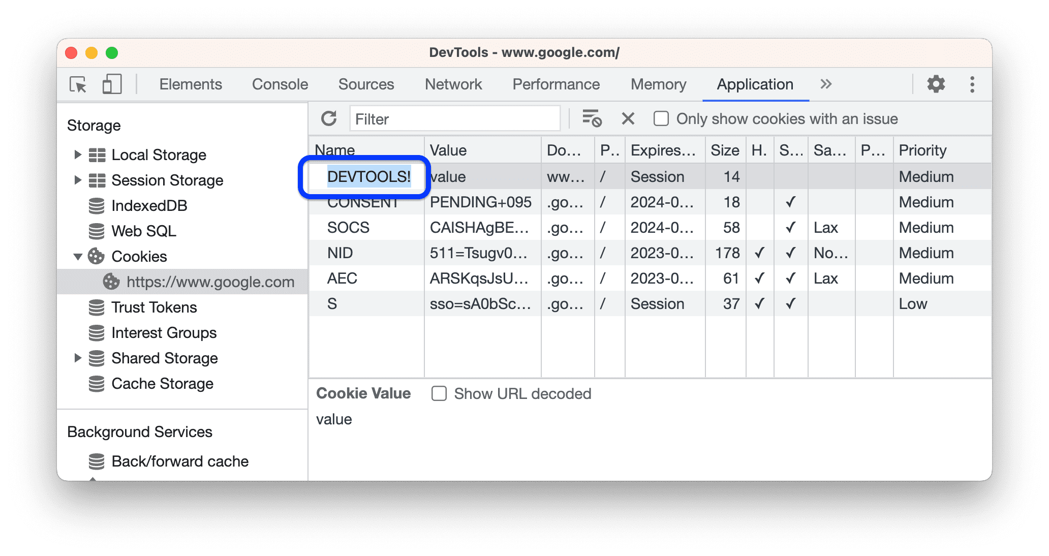 Définir le nom d'un cookie sur "DEVTOOLS!"