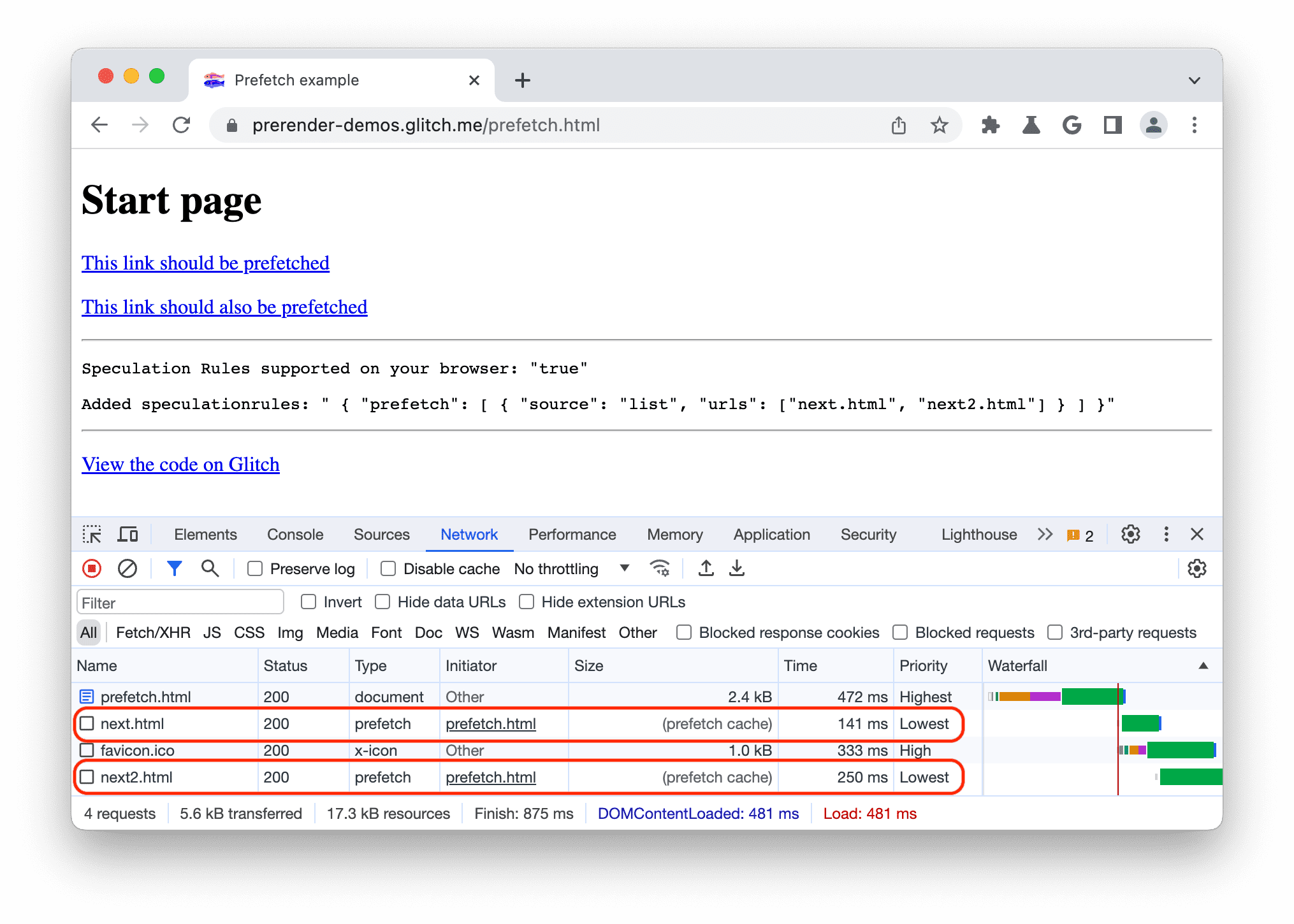 پنل شبکه در Chrome DevTools که اسناد از پیش واکشی شده را نشان می‌دهد