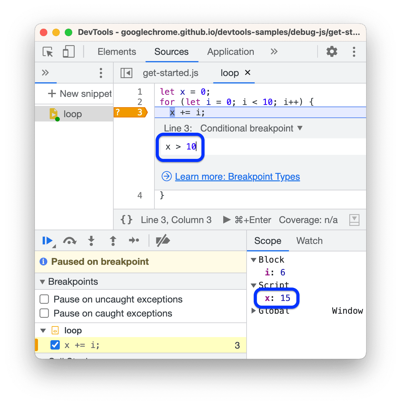 Ein bedingter Haltepunkt in einer Codezeile.