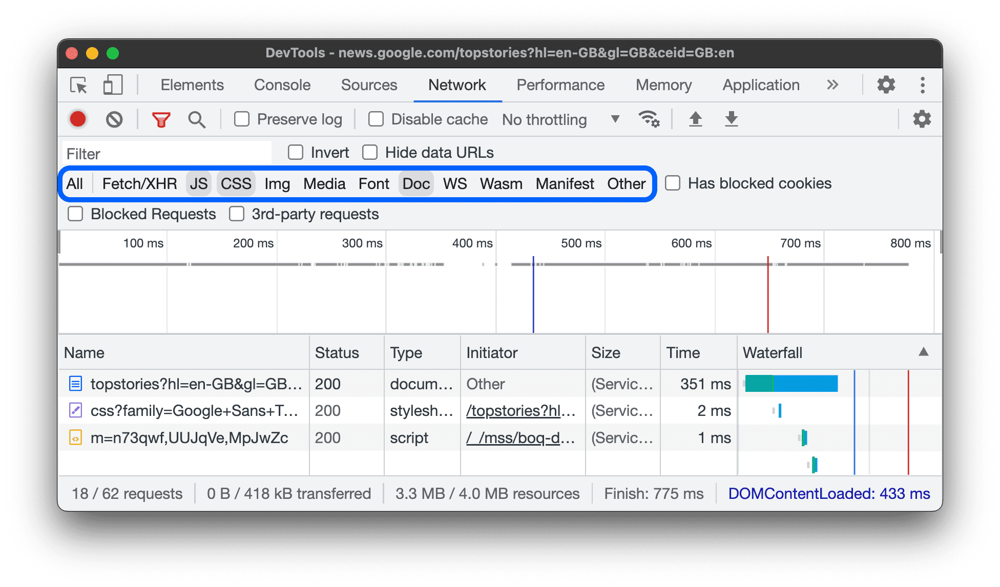 Utiliser les filtres de type pour afficher les ressources CSS et de document.