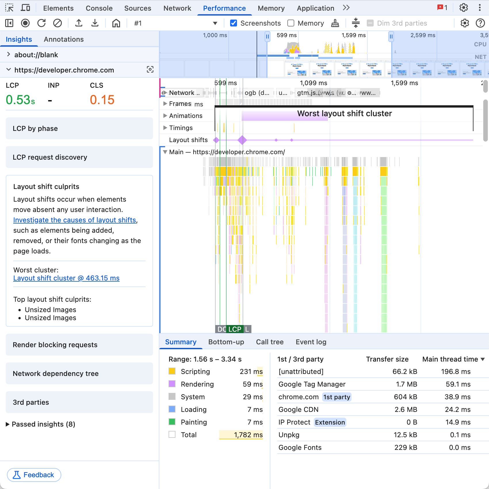 Painel de desempenho do DevTools com a barra lateral Insights à esquerda, mostrando uma lista de insights do rastro