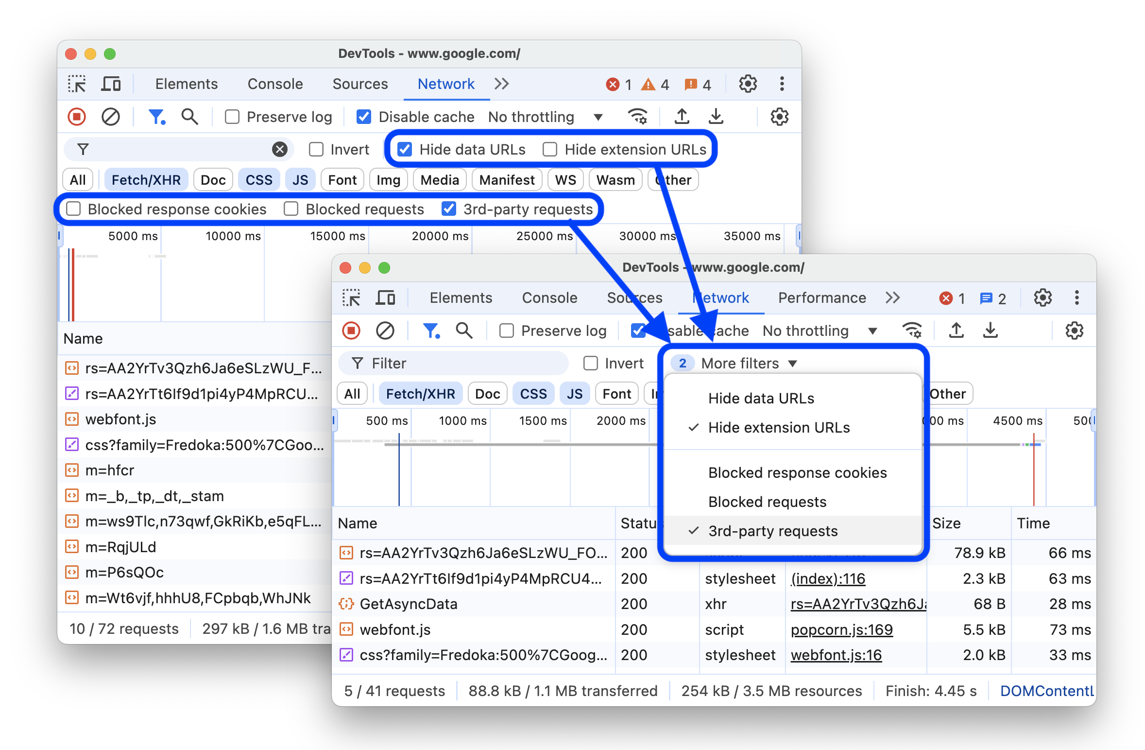 Vor und nach dem Verschieben der Filter zum Ausblenden, Blockieren und von Drittanbietern in ein Drop-down-Menü