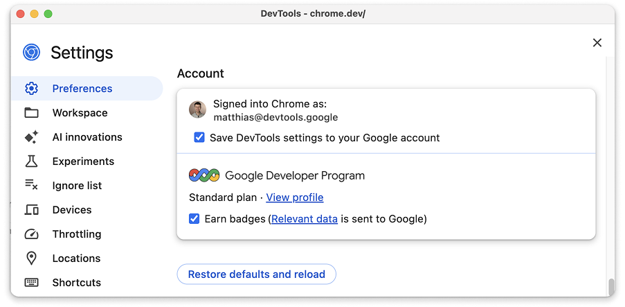Controles para el perfil del desarrollador de Google en la configuración de las Herramientas para desarrolladores