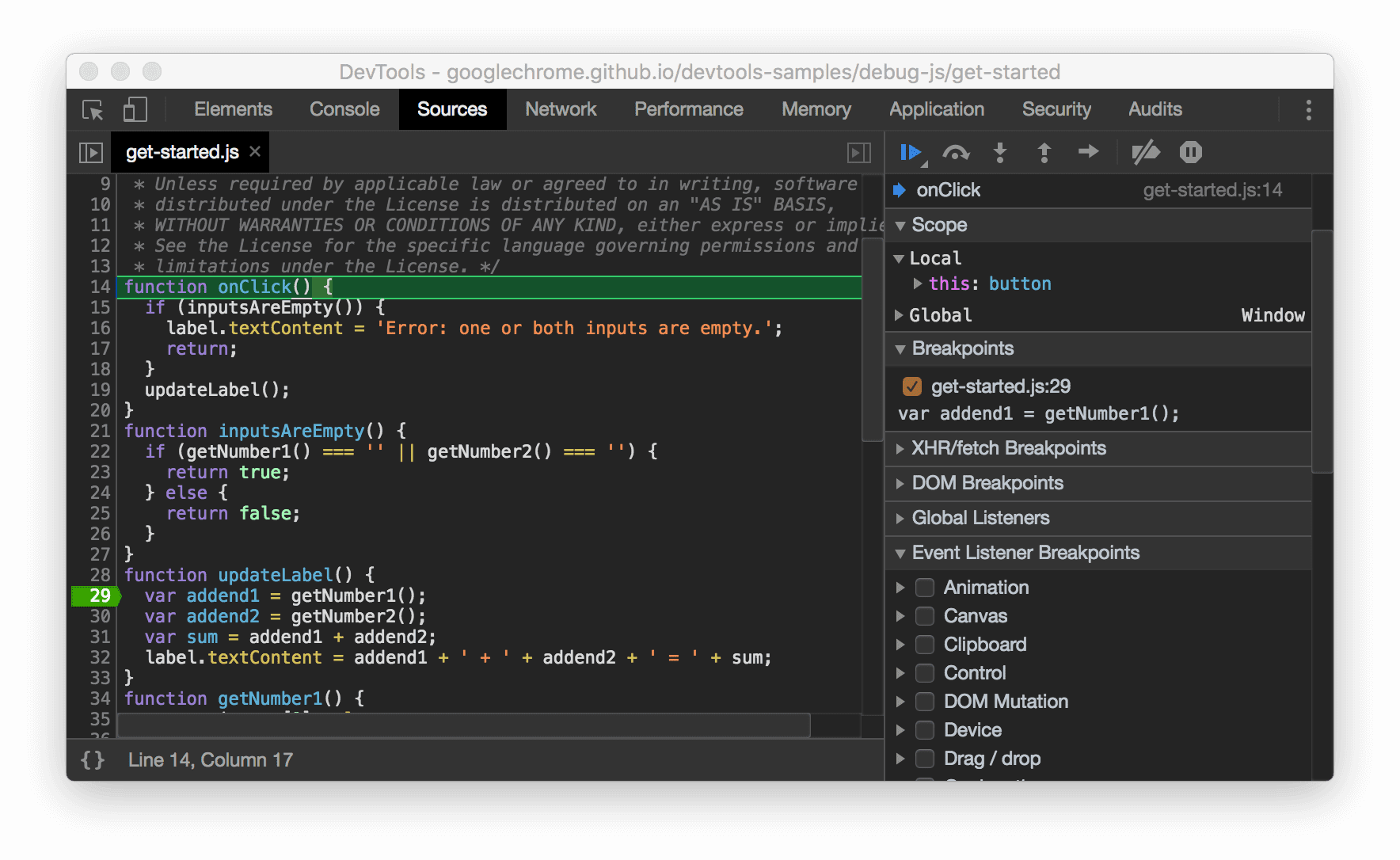 لقطة شاشة لرمز نقطة الإيقاف الجديدة ومخطط الألوان الحالي لسطر التنفيذ