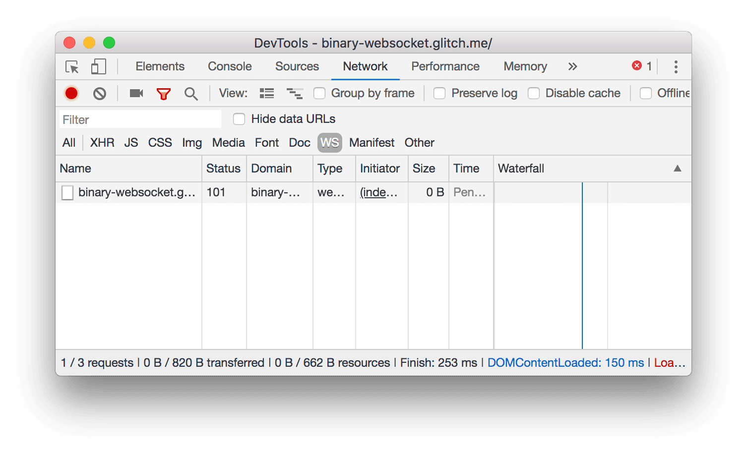 Na het klikken op WS worden alleen WebSocket-verbindingen weergegeven.