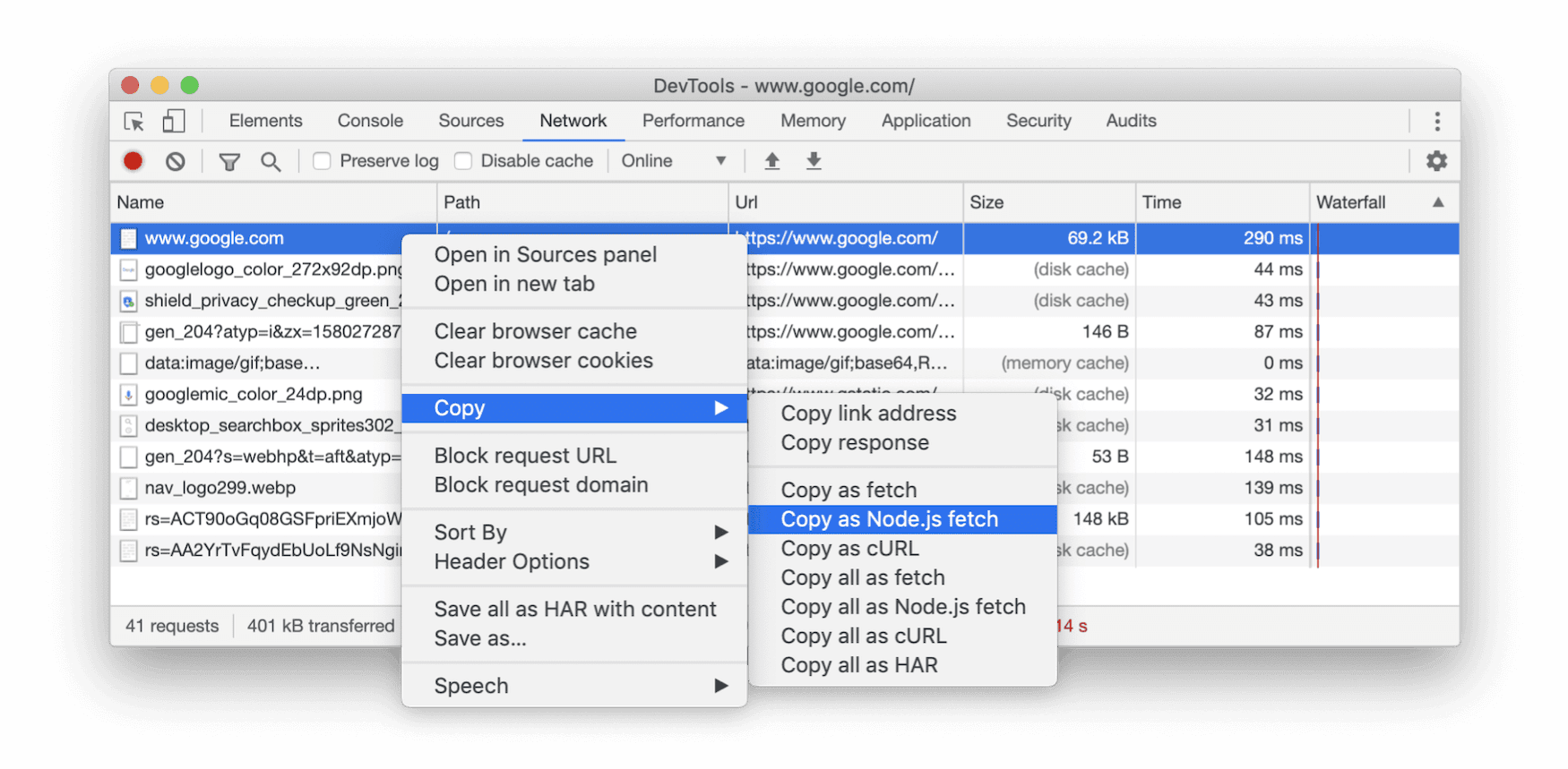 Скопировать как Node.js fetch