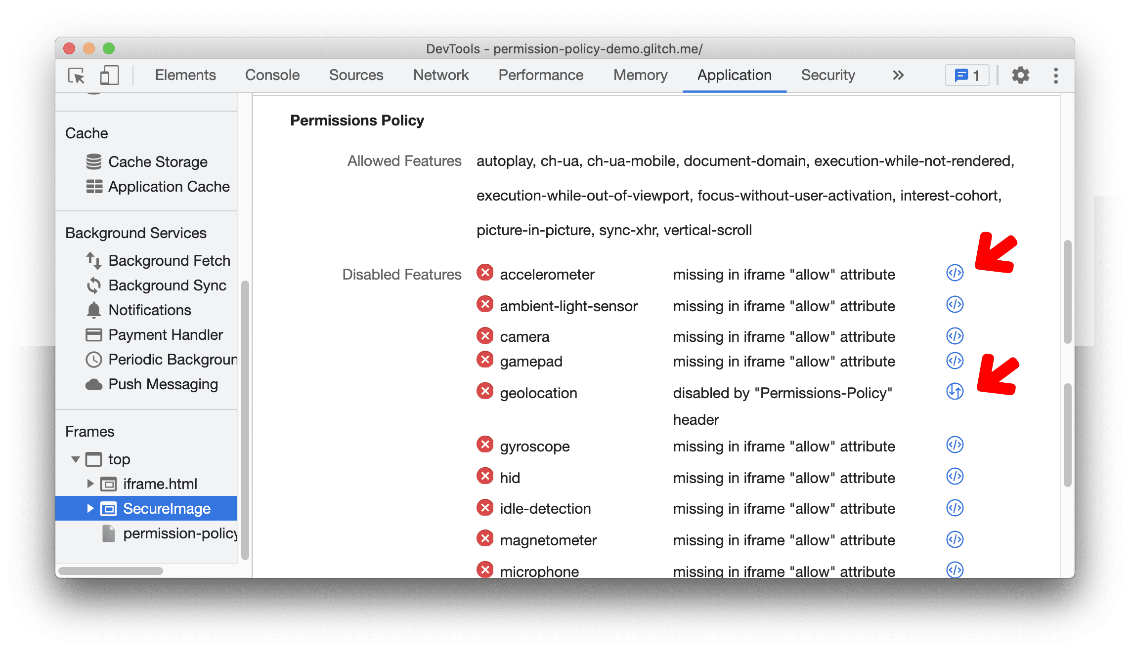 Geblokkeerde functies in het framedetailsoverzicht