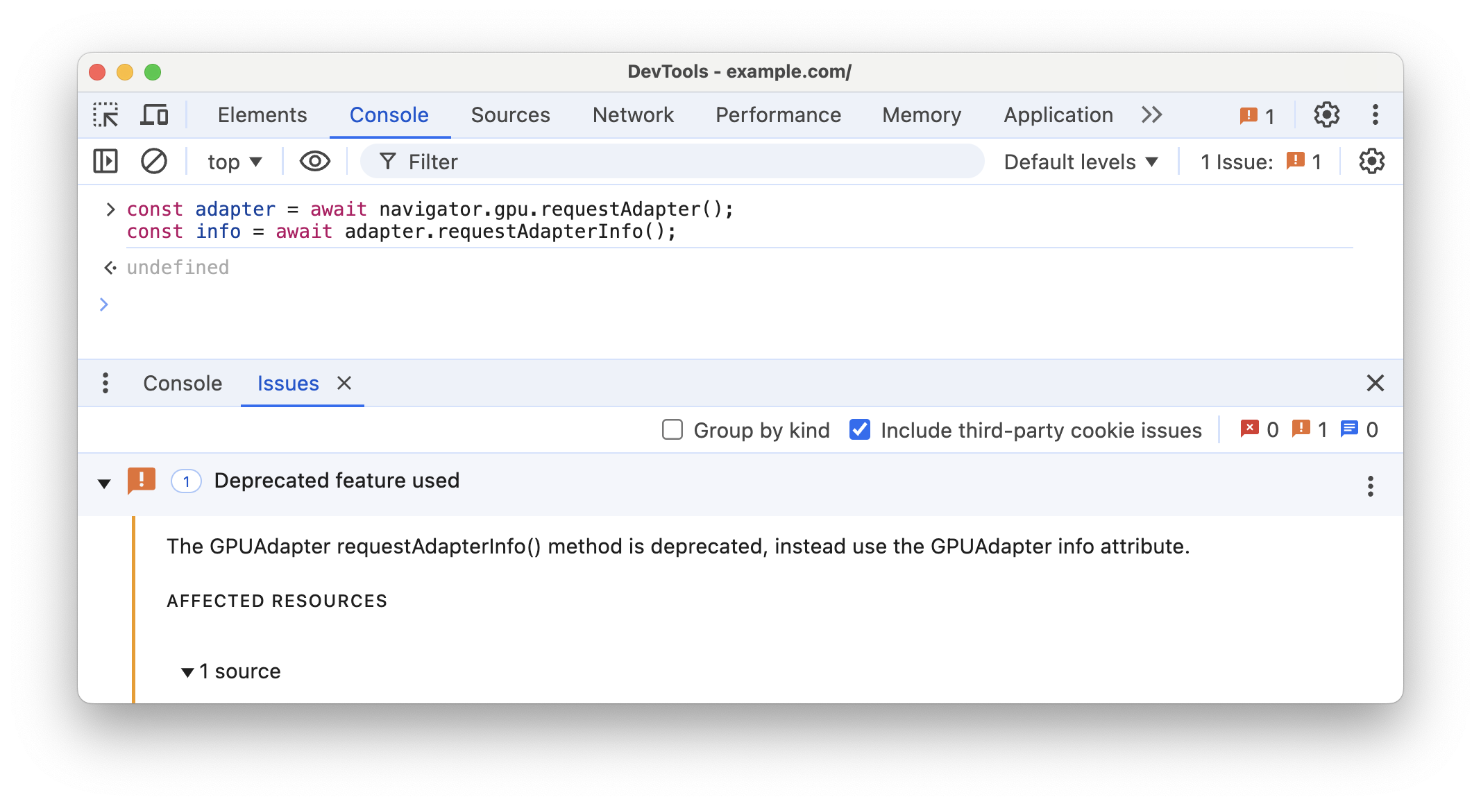 DevTools कंसोल, requestAdapterInfo() के लिए डेप्रिकेशन की चेतावनी दिखाता है.