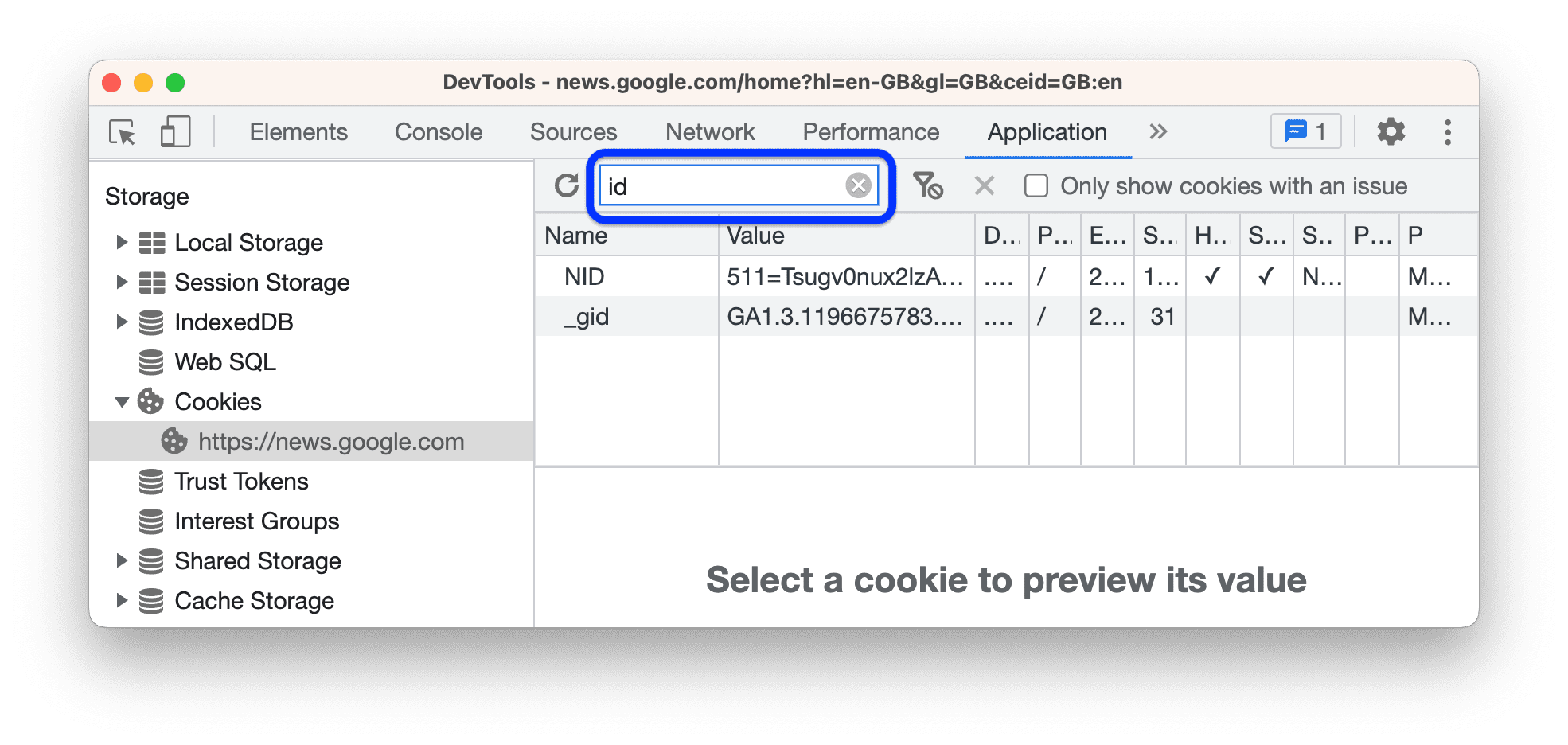 Filtrare i cookie che non contengono &quot;id&quot;.