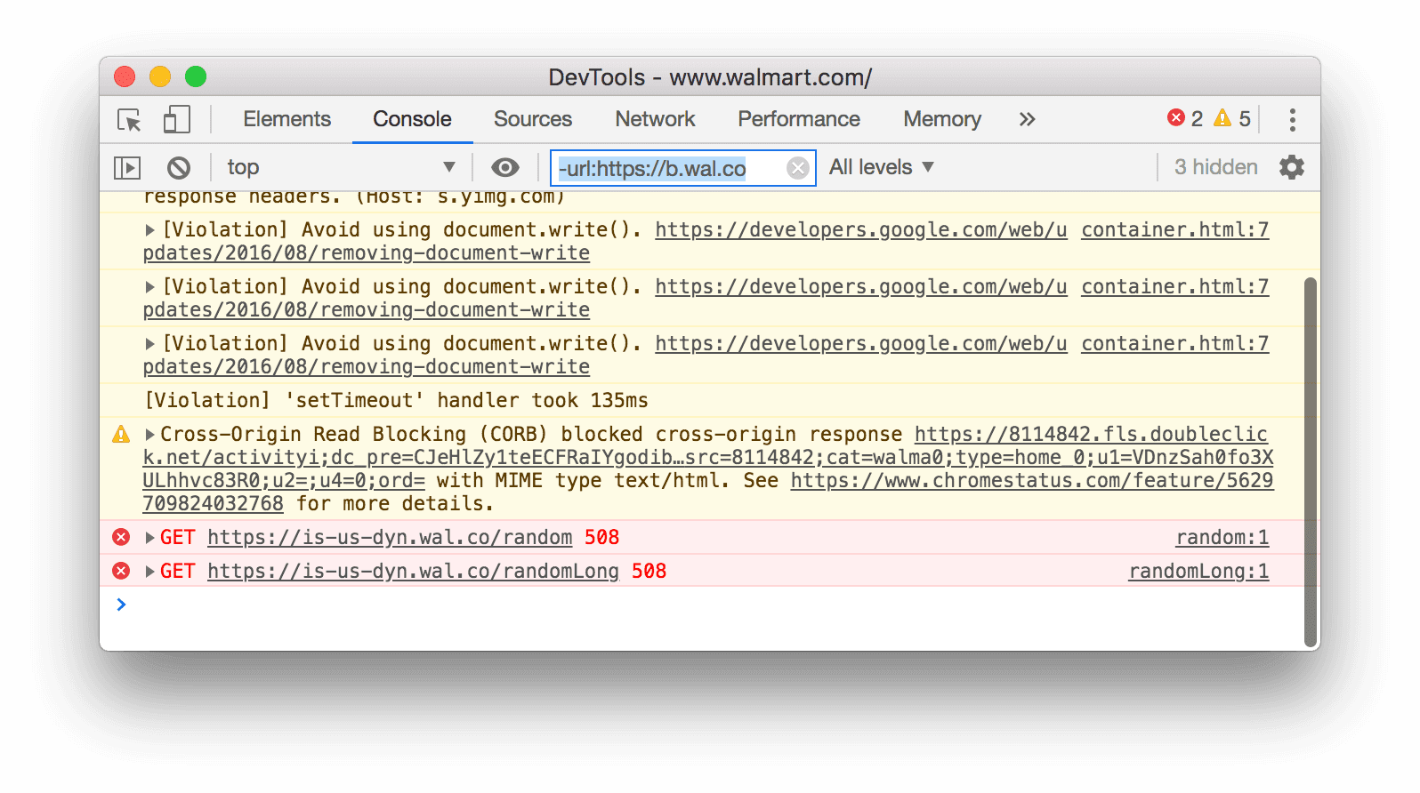 제외 URL 필터 DevTools에서 지정된 URL과 일치하는 모든 메시지를 숨기고 있습니다.