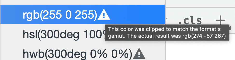 Icône d&#39;avertissement indiquant une coupure de la gamme de couleurs et info-bulle avec la valeur d&#39;origine.