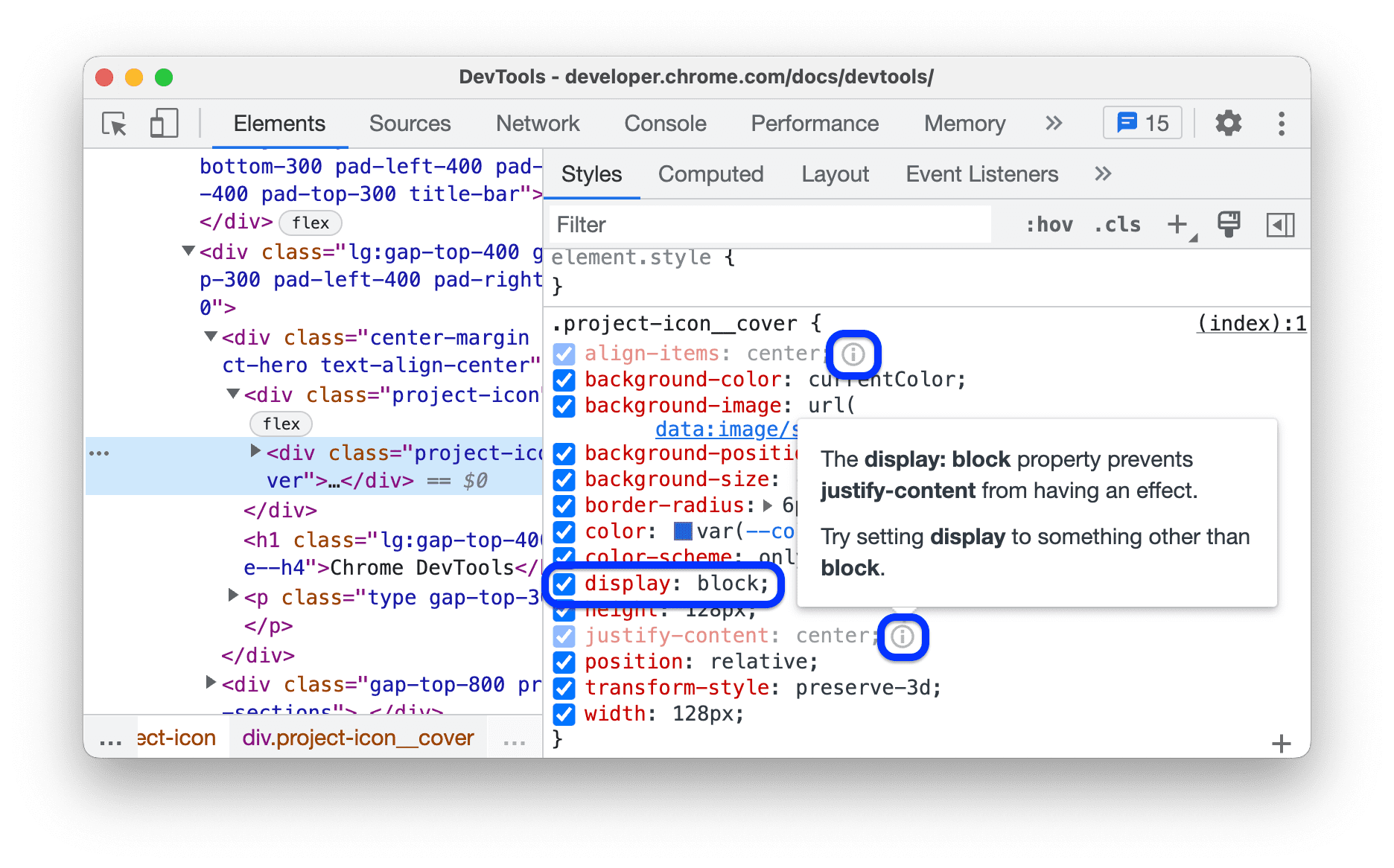Inaktive CSS-Deklaration mit Hinweis