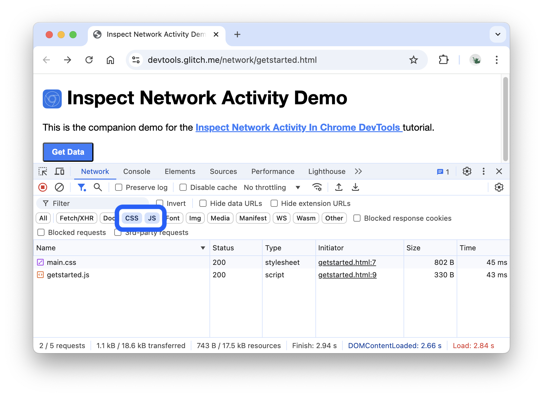 仅显示 CSS 和 JS 文件的“Network”面板。