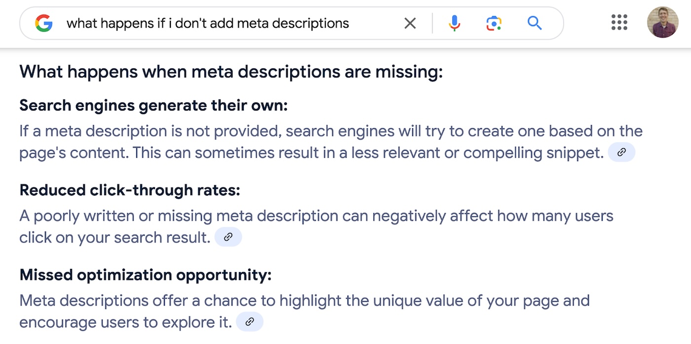 A search result for 'what happens if I don't add meta descriptions' and the Google AI summary