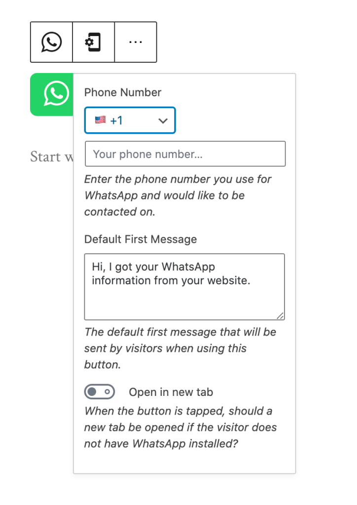 WhatsApp 버튼 블록을 사용자 정의하는 방법에 대한 스크린샷