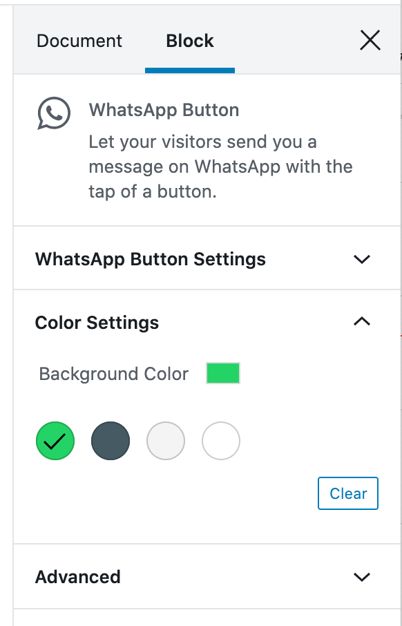 WhatsApp 버튼 블록 색상 설정 스크린샷