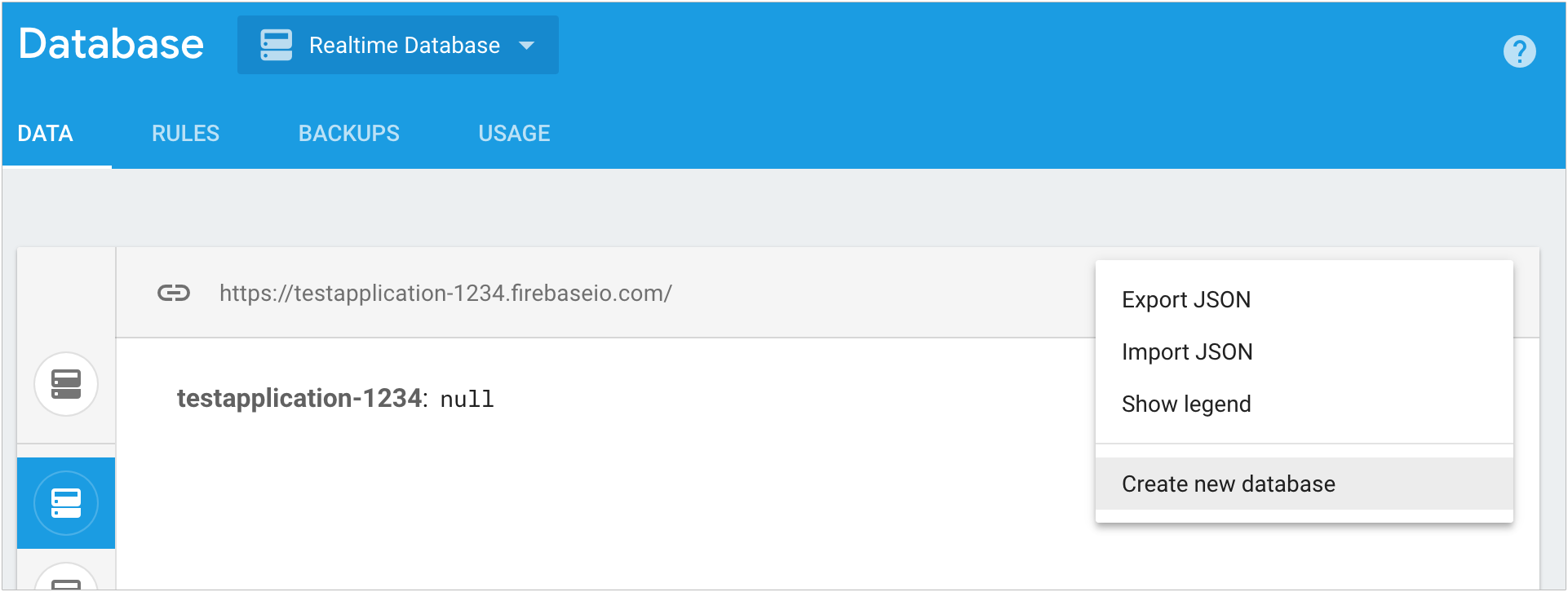 créer une base de données dans la console Firebase à l'aide du menu contextuel de la section "Bases de données"