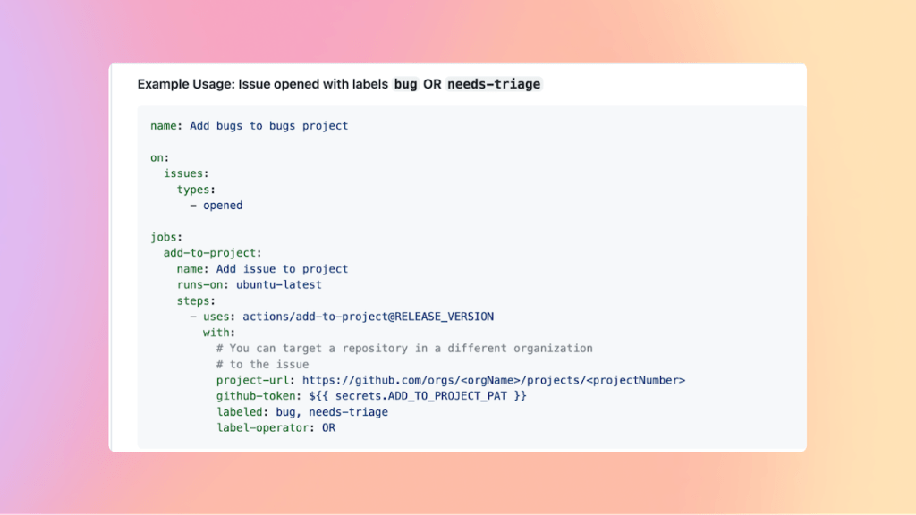 Example of filters used with the Add-To-Project GitHub Action. 