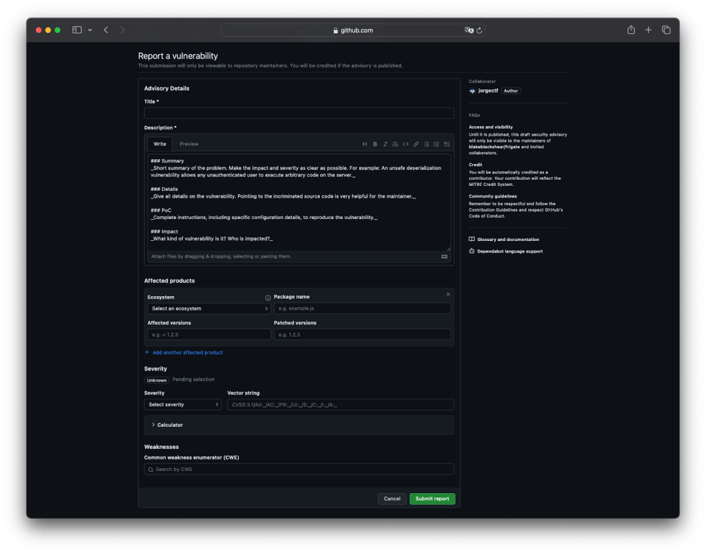 Screenshot of the form for reporting a vulnerability. The fields include title, description, affected products, severity, and weaknesses.