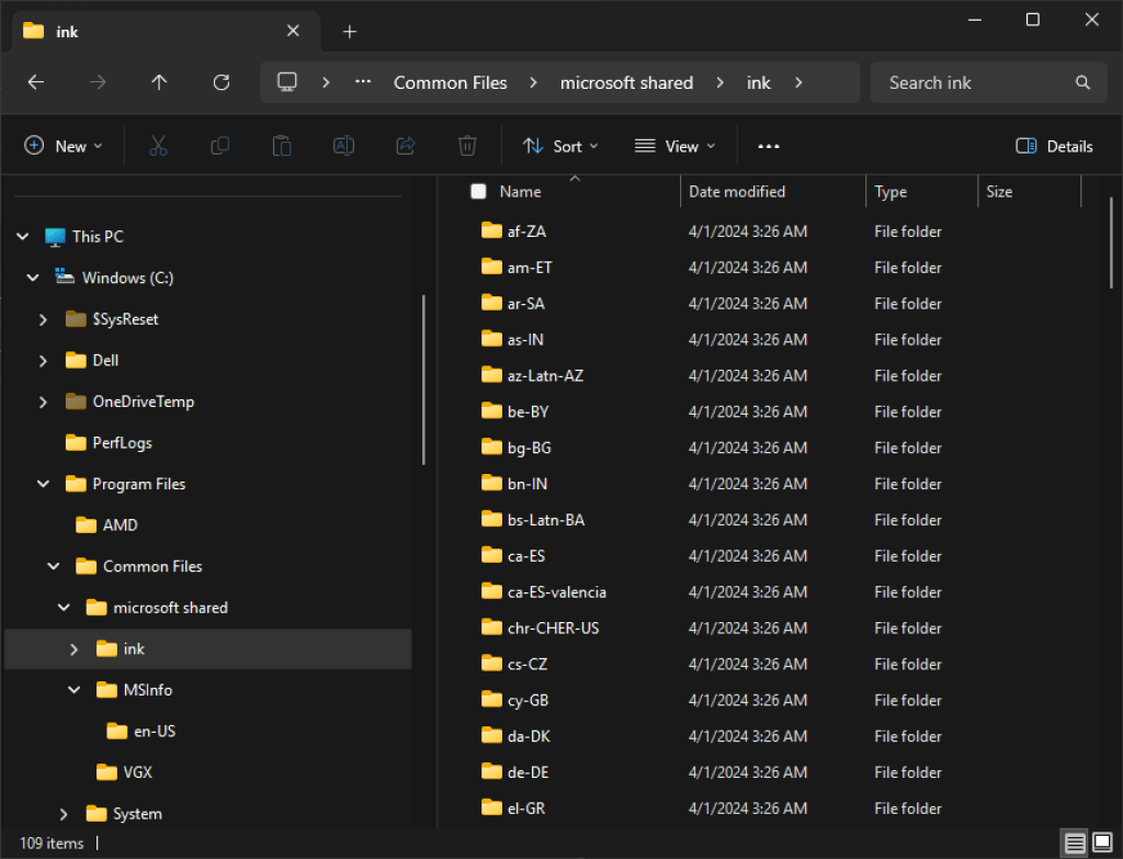 A Windows 11 File Explorer window showing a tree view and a list of subdirectories that one of its folders contains. The tree view demonstrates how the C drive contains multiple nested folders to organize its content.