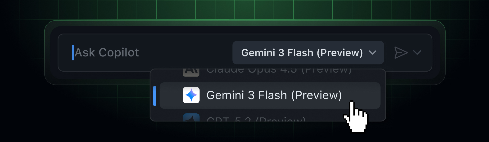 Model picker showing user selecting Gemini 3 Flash