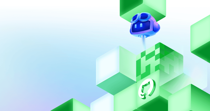 Copilot hovering above geometric blocks featuring the GitHub invertocat logo in a decorative scene.
