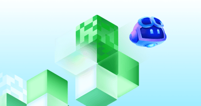 Copilot hovering beside a cluster of geometric cubes in a decorative scene.