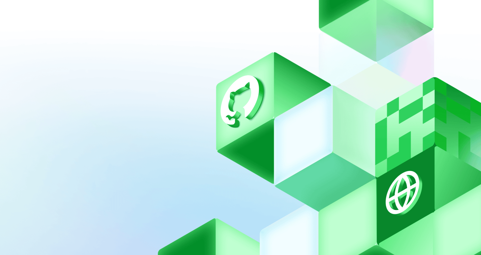 Geometric background featuring cubes with the GitHub invertocat logo and related icons.