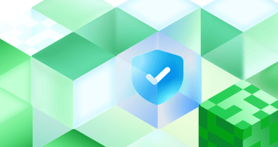A grid of abstract cubes highlights a central cube displaying a shield with a checkmark to represent security.