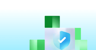 A shield with a checkmark icon appears centered among decorative green blocks.