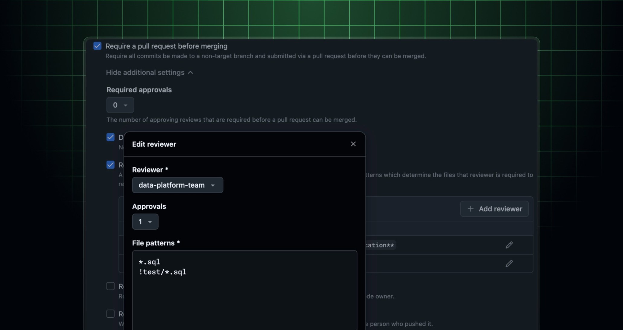Screenshot of the 'Edit reviewer' modal in required reviewer settings. It shows a rule configured for the 'data-platform-team', requiring one approval for any changes to files matching the pattern *.sql, but excluding files in the test/ directory (!test/*.sql).
