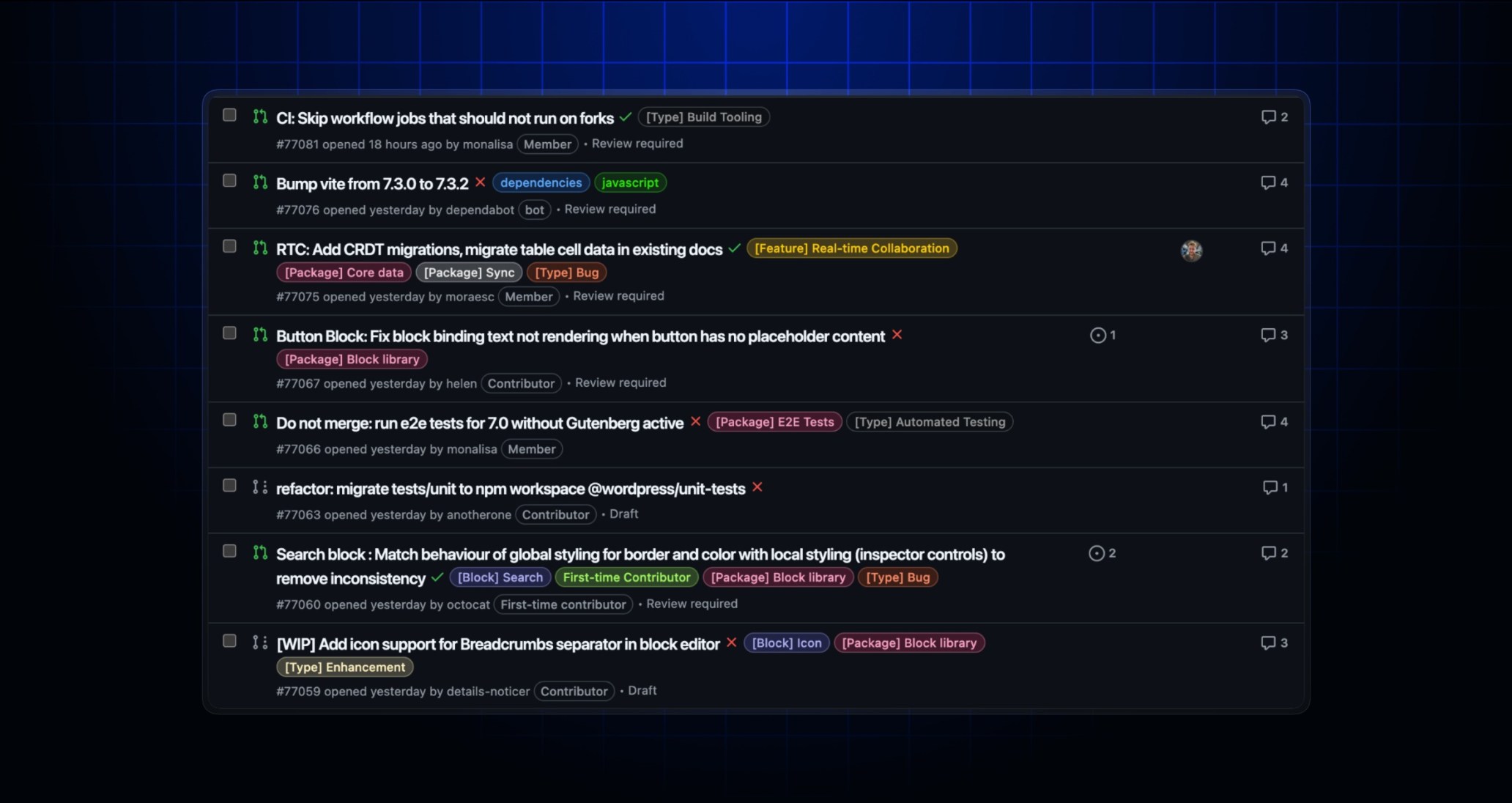 The pull request list view in a repository showing pull requests with contributor membership labels