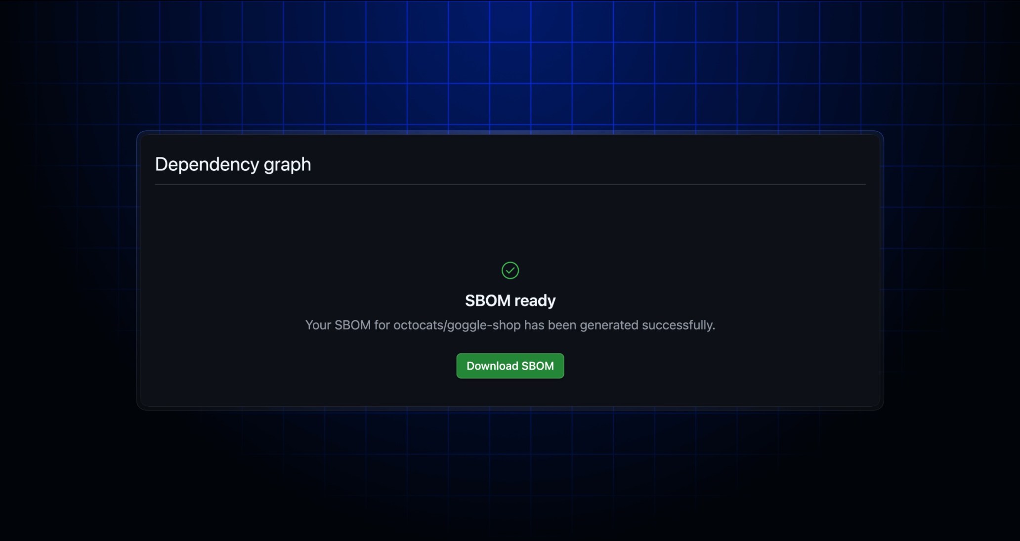 A Dependency graph page with a Download SBOM button for the octocats/goggle-shop repository.